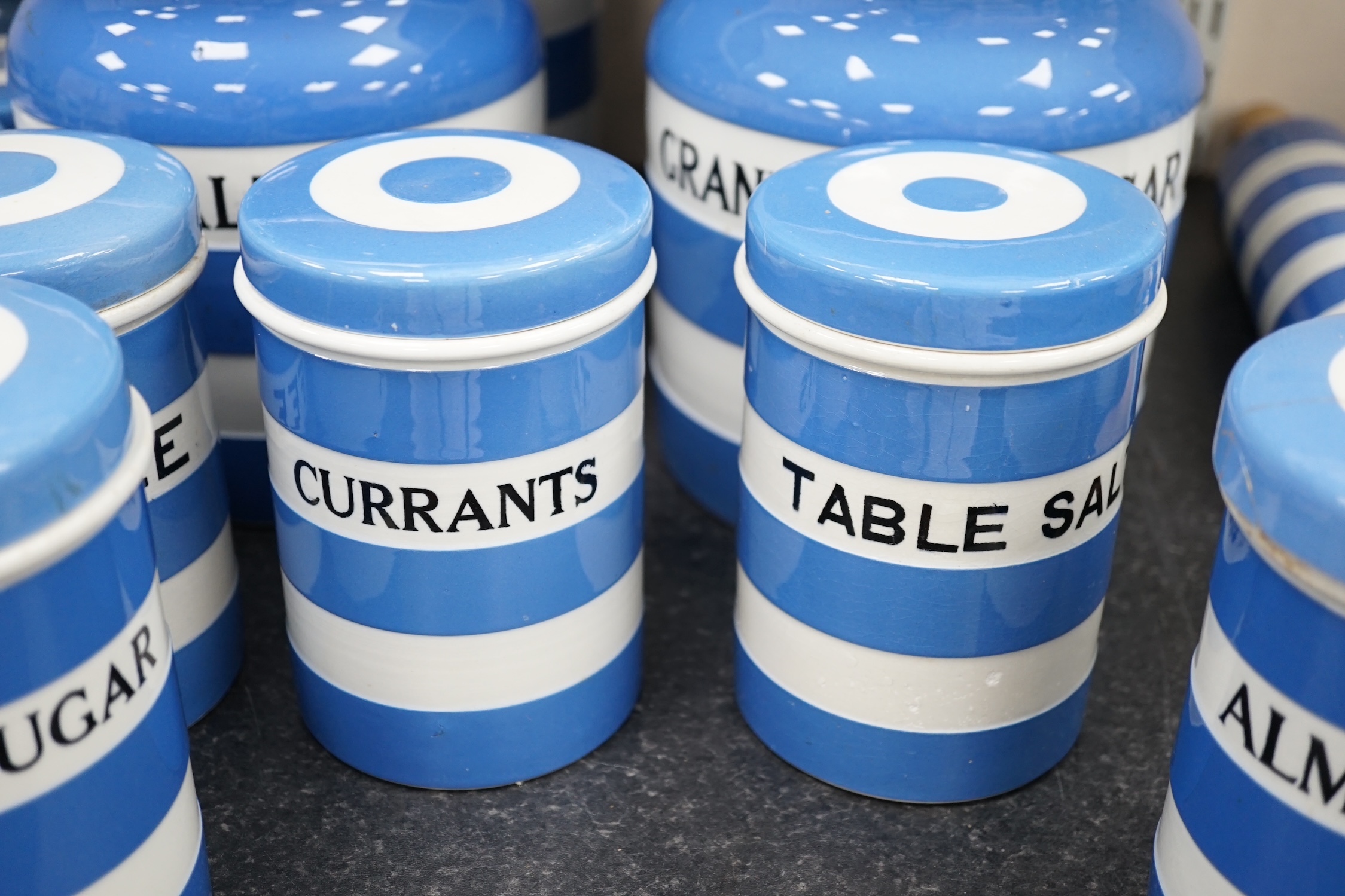 T.G.Green Cornish Kitchenware, fifteen lidded storage jars to include Meal, Granulated Sugar, Dessicated-Coconut and Sea Salt, largest 20cm high, mainly Black Shield marks. Condition - poor, fair and good